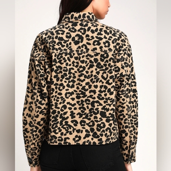 Lulus Fashionably Fierce Beige Leopard Print Denim Jean Jacket Size Small - Picture 5 of 10